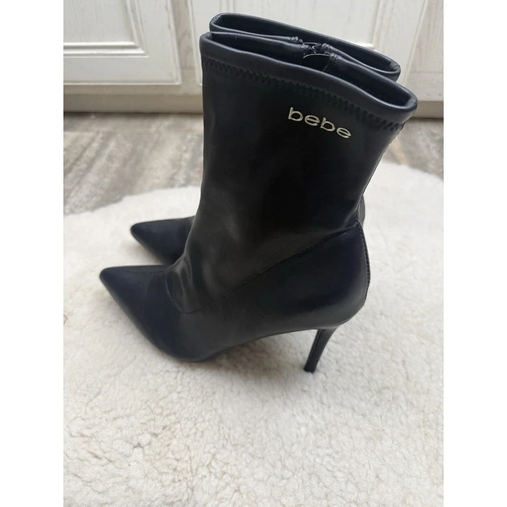 Bebe Kandey Black Logo Pointed Toe Boots Ankle Booties Y2K Witchy Goth Glam 9.5